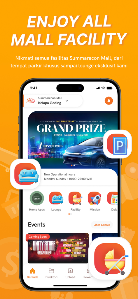 Summarecon Mall - Summarecon Mall app home screen showing mall facilities, loyalty program options, and promotional event banners.