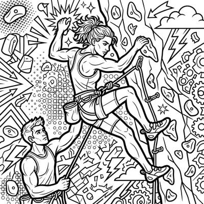 Unleash your creativity with this electrifying Sport Climbers Pop Art coloring page, featuring two athletes in a dynamic climbing scene. Dive into bold lines and comic-book inspired patterns for an exhilarating coloring experience.