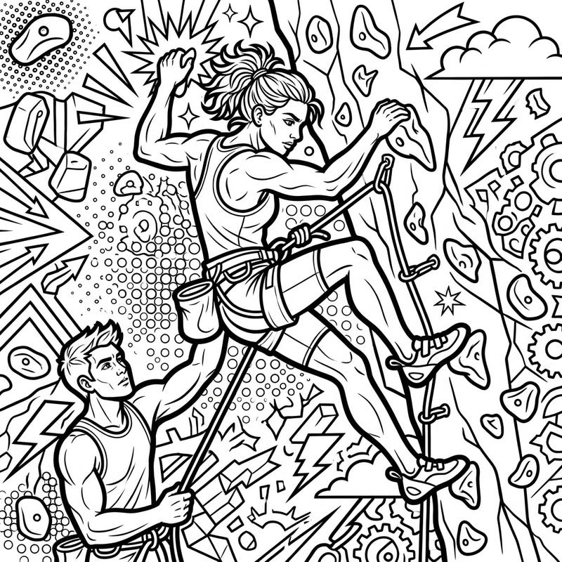 Unleash your creativity with this electrifying Sport Climbers Pop Art coloring page, featuring two athletes in a dynamic climbing scene. Dive into bold lines and comic-book inspired patterns for an exhilarating coloring experience.