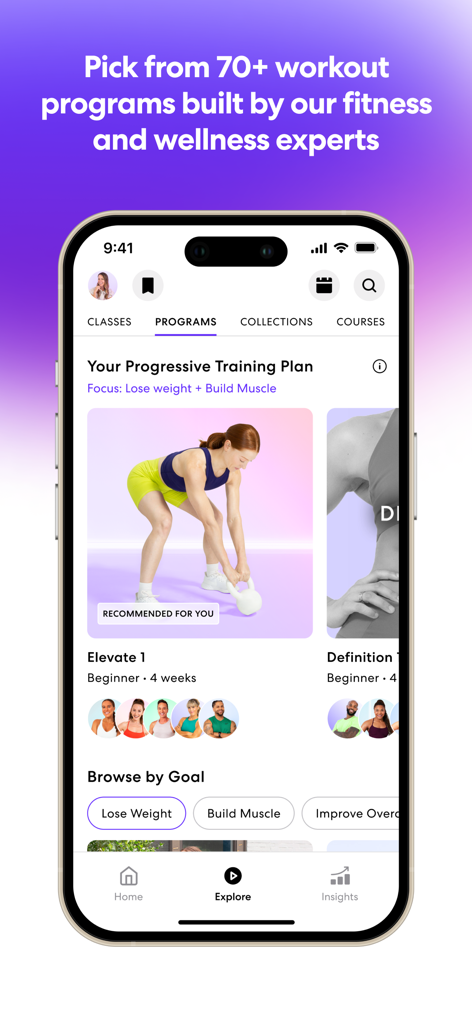 obé | Fitness for women - Ein mobiler Bildschirm der obé Fitness App, der einen progressiven Trainingsplan und eine Bibliothek von über 70 Workout-Programmen für Frauen zeigt.