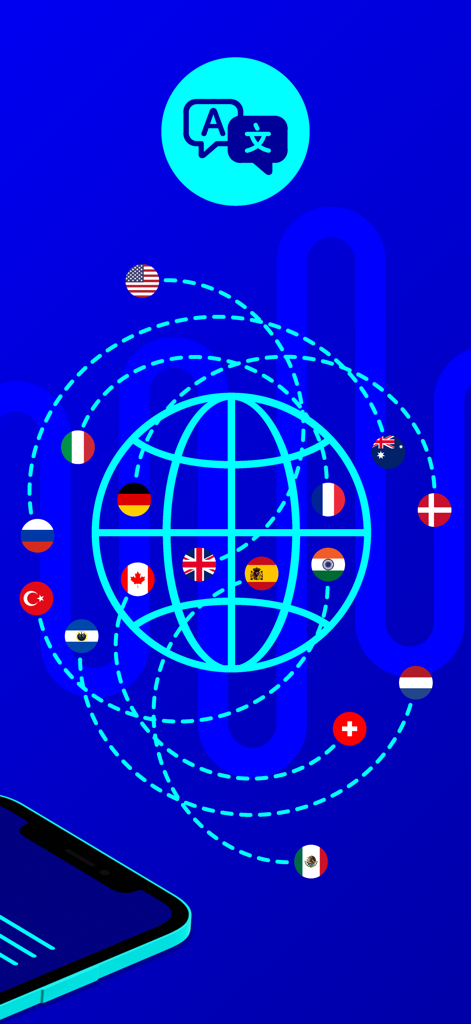 Stylized globe icon surrounded by orbiting international flags representing global language translation features