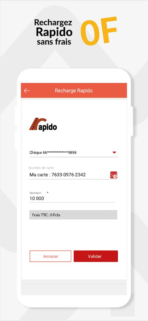 Interface da aplicação CBAO Mobile que mostra o processo para recarregar um cartão de portagem rodoviária Rapido com taxa zero.
