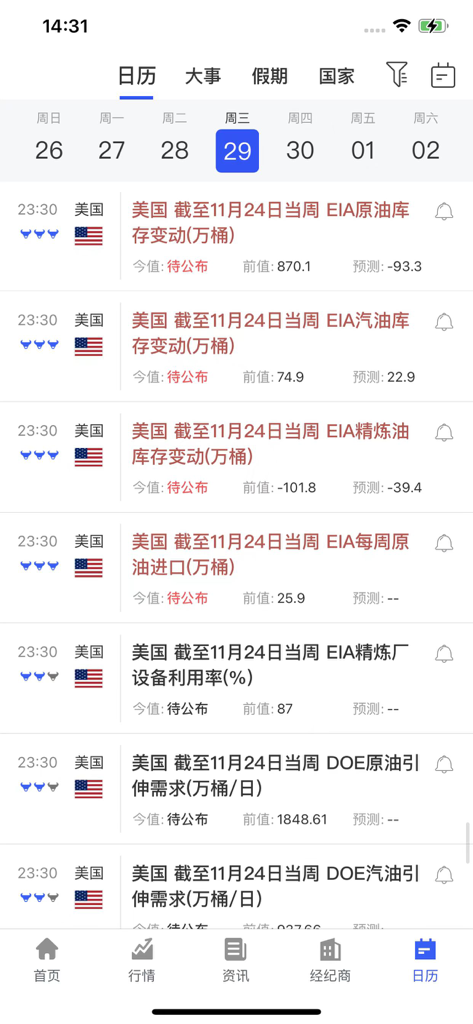 A mobile interface of the Everyday Crude Oil app showing a financial calendar with US EIA inventory reports in Simplified Chinese.