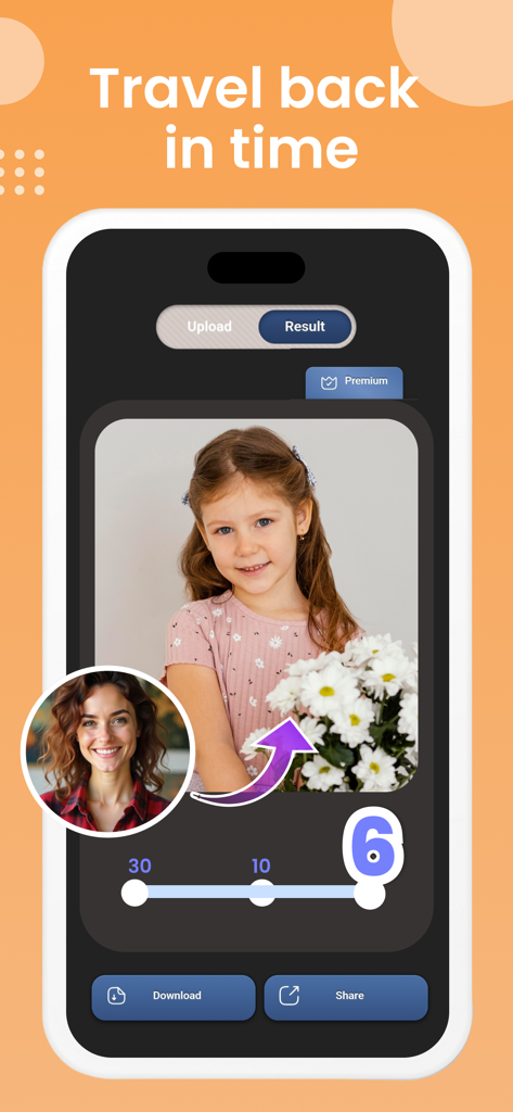 AI Face Aging - Future You - AI Face Aging app screen showing the travel back in time feature transforming a woman's photo into a young child.