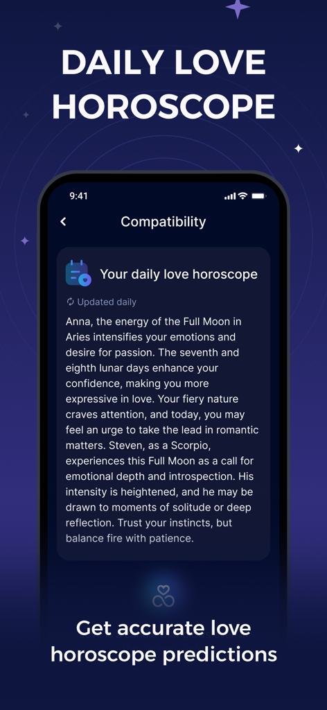 Personalized daily love horoscope and zodiac compatibility interface in the Astro app.