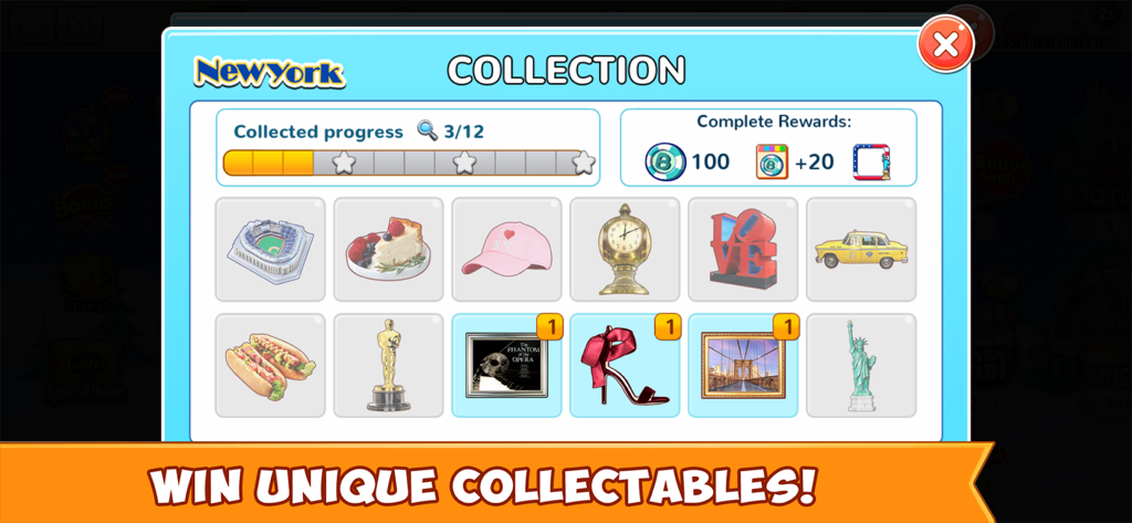 Bingo Holiday New York collection screen showing various city themed items to collect.