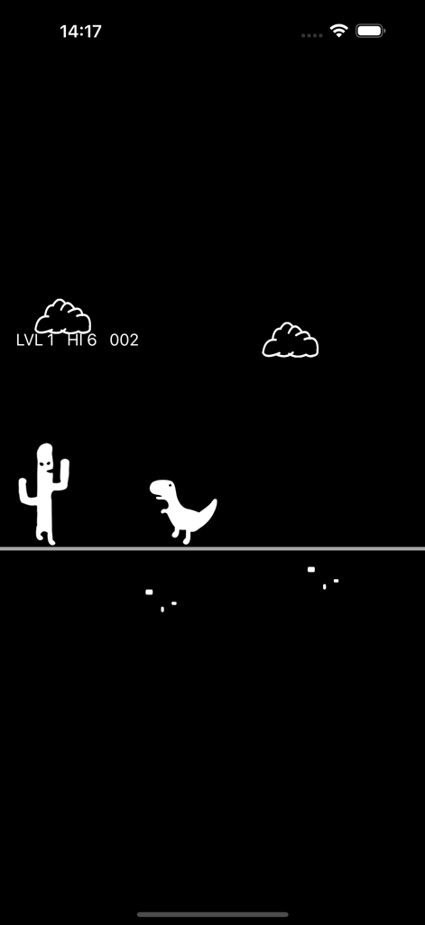 Jogabilidade retrô minimalista de um dinossauro perseguindo um cacto em modo escuro