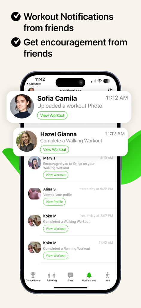 Tela de notificações do aplicativo fitness Strive exibindo atualizações de treino e incentivo social de amigos.
