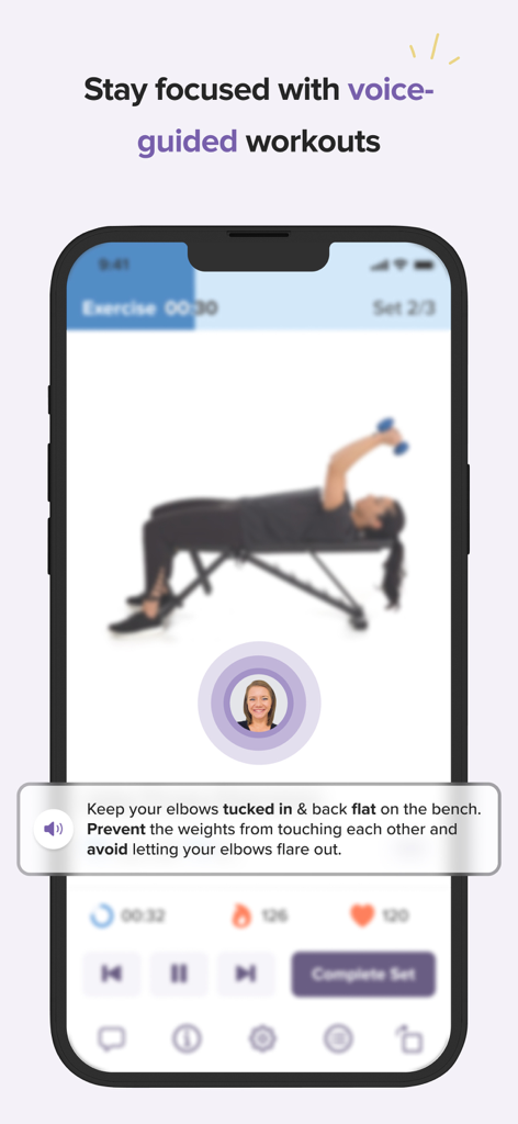 trainwell - Trainwell app interface showing voice-guided workout instructions and personal trainer feedback during a chest press exercise