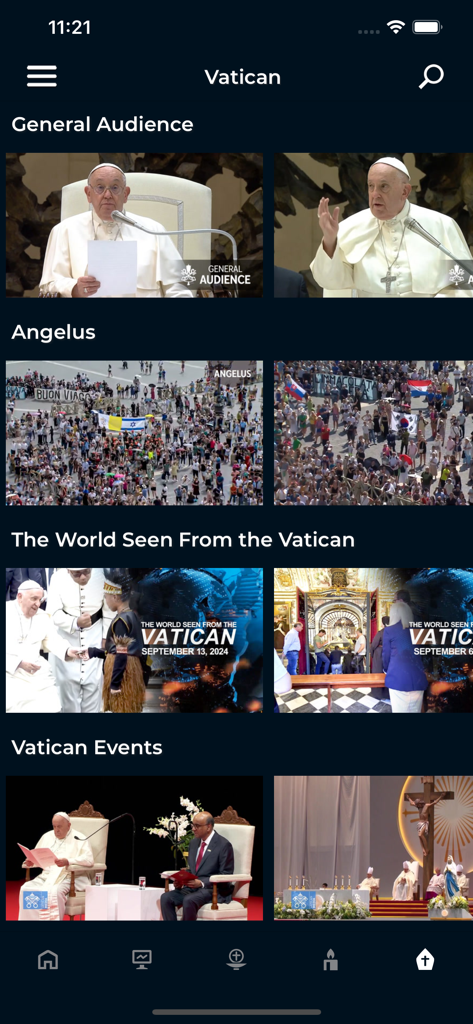 Salt + Light Plus - The Vatican section of the Salt + Light Plus app showing videos of Pope Francis and religious events