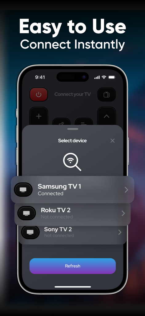 Remote TV Control・Universal - Pantalla de smartphone que muestra la interfaz de selección de dispositivo para una app de control remoto universal con opciones de TV Samsung Roku y Sony
