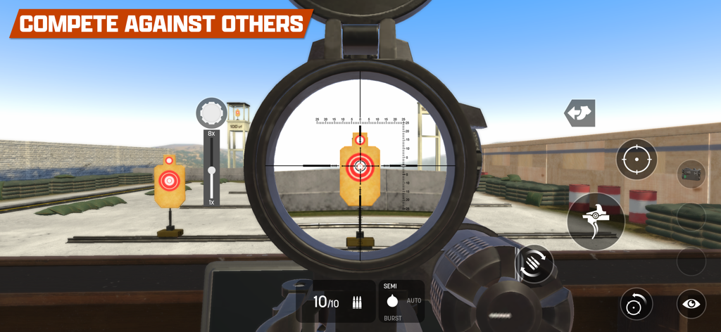 Gun Builder ELITE 2 - First-person view through a rifle scope at a target in a shooting range simulator.