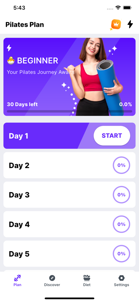 Asian Pilates: Daily Pilates - Interfaz de la aplicación Asian Pilates que muestra un plan de entrenamiento para principiantes de 30 días con sesiones de ejercicio diarias y seguimiento del progreso.