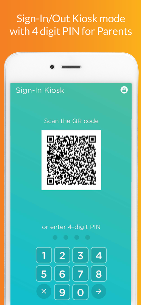 Procare app sign-in kiosk screen showing a QR code and numeric keypad for parent check-in