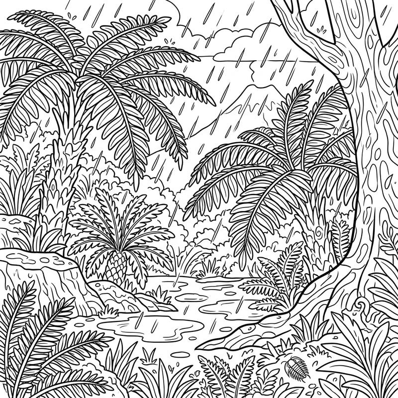 Step into a world long past with this captivating coloring page featuring magnificent giant ferns amidst a prehistoric jungle downpour. Unleash your creativity by adding vibrant colors to this intricate scene of ancient flora and atmospheric rain.