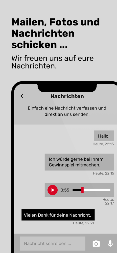 radio ffn. Na denn… ffn - Ein Screenshot der Messaging-Funktion der radio ffn App, der eine Chat-Oberfläche zum Senden von Text- und Sprachnachrichten an den Sender zeigt.