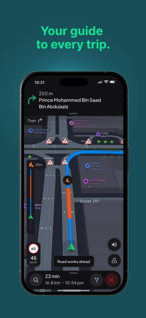 HudHud Maps - HudHud Maps navigation screen showing turn by turn directions and road works alert in Riyadh