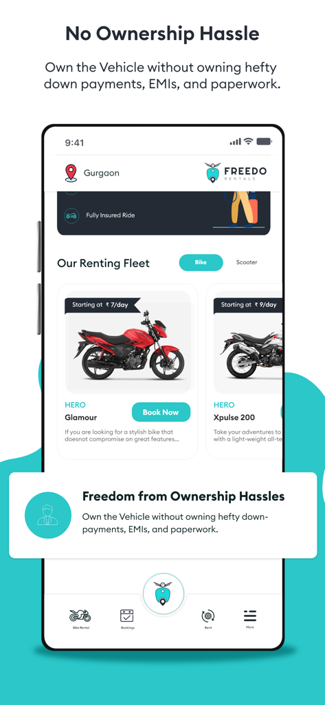 Freedo Rentals - Freedo Rentals mobile app interface showing a fleet of motorcycles available for rent without ownership hassles