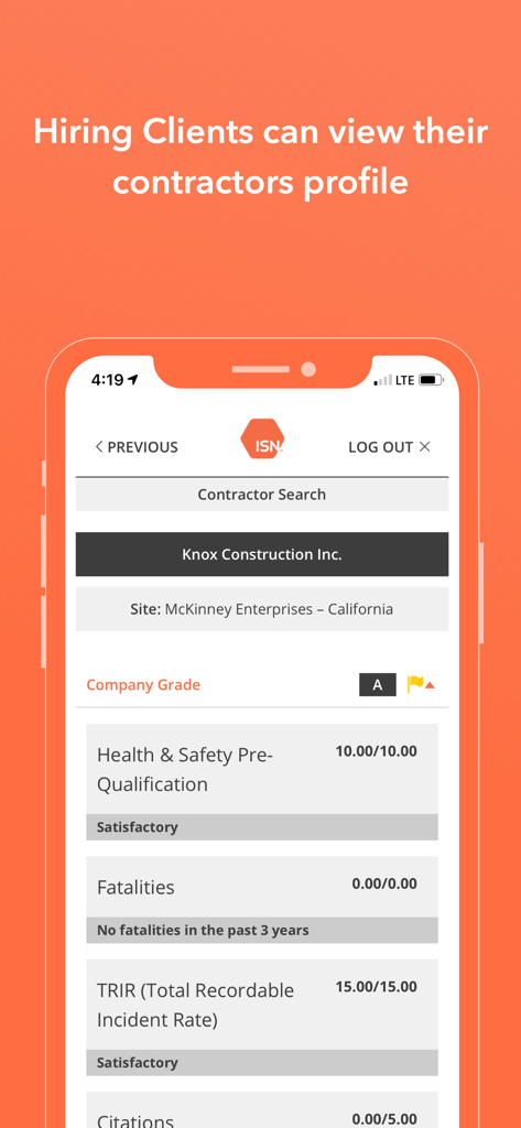 ISNetworld - ISNetworld mobile app screen showing a contractor safety profile with a company grade of A and safety performance metrics.