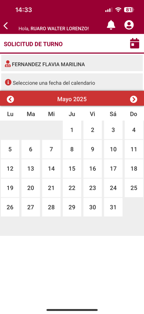 Mi Penta Virtual - Interfaz de la app Mi Penta Virtual que muestra un calendario para Mayo de 2025 para programar una cita médica.