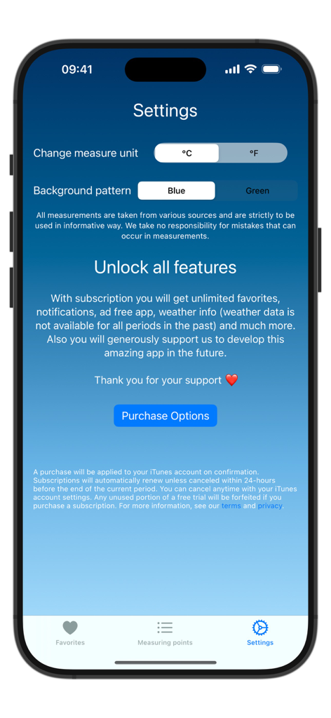 Settings screen of the Water Temperatures app showing options for measurement units and premium subscription details.