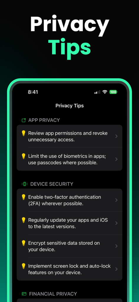 Pantalla de la aplicación móvil mostrando consejos de privacidad para permisos de aplicaciones y configuraciones de seguridad del dispositivo