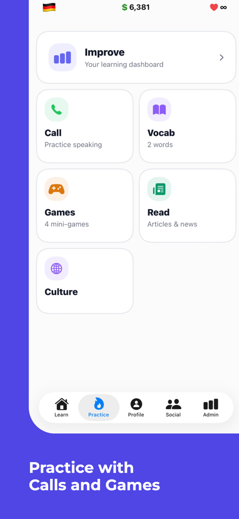 lairner - Interface of the lairner app showing practice options for speaking, vocabulary, games, and reading.