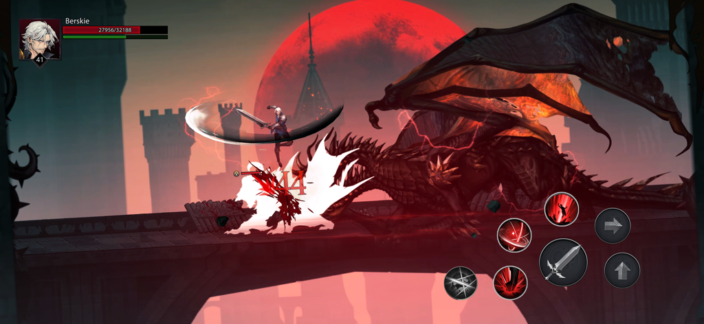 Um herói realiza um corte de espada no ar contra um chefe dragão gigante sob uma grande lua vermelha em Shadow Rival