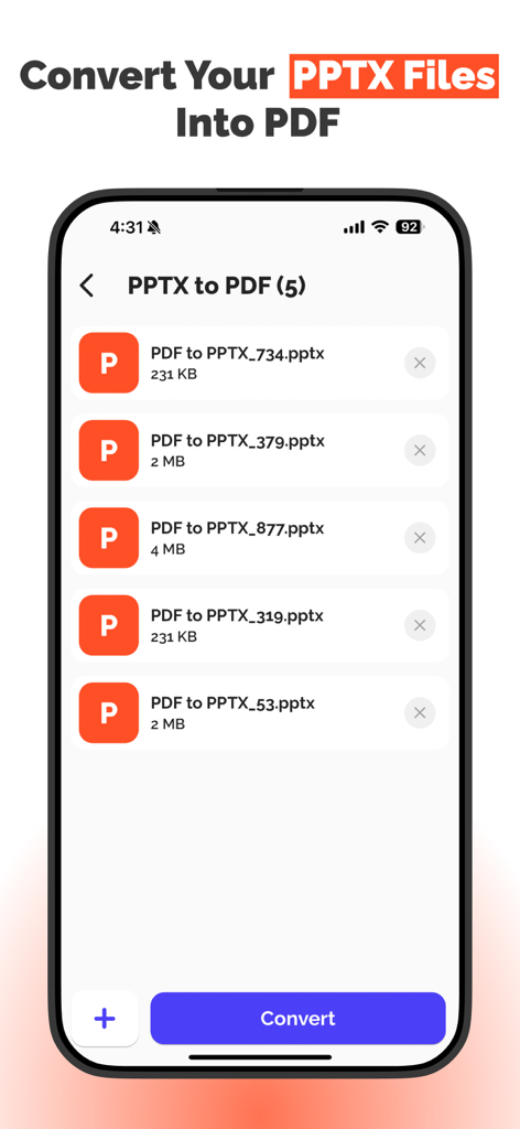 PDF to Document Convert - Mobile app interface showing a list of PowerPoint files ready to be converted into PDF format