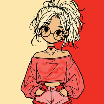 girl with a messy ponytail glasses a baggy crop top and jean shorts
