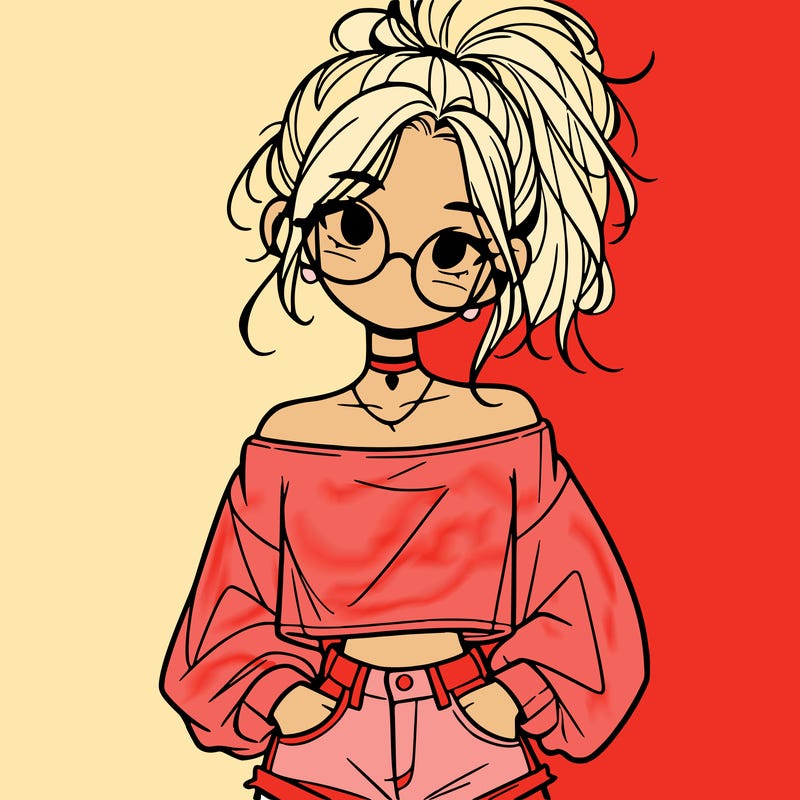 girl with a messy ponytail glasses a baggy crop top and jean shorts