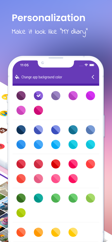 A screen for personalizing the secret journal app with multiple color theme options