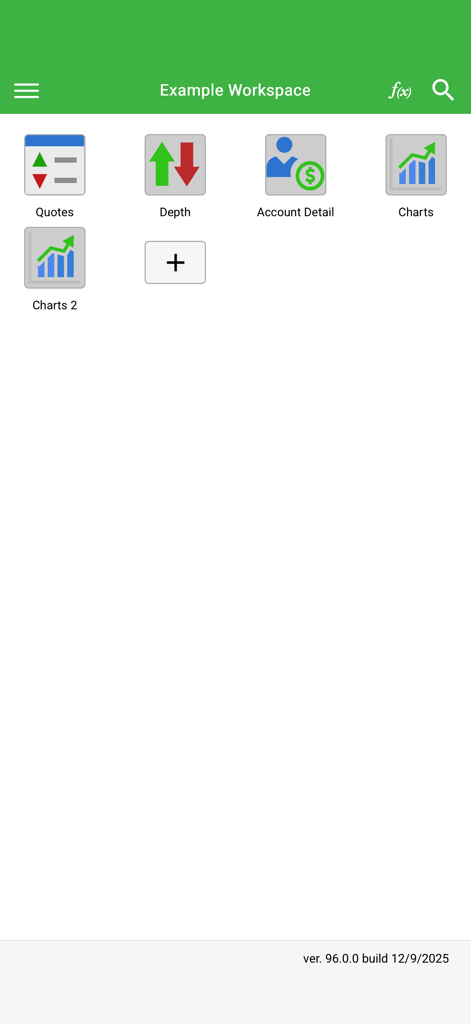 Ironbeam - Ironbeam mobile app workspace dashboard featuring icons for quotes market depth account details and financial charts