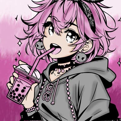 hot baddie anime girl drinking boba and biting the straw