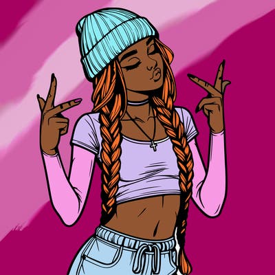 realistic teenage girl with braids and a beanie and crop top doing 🫶🏼