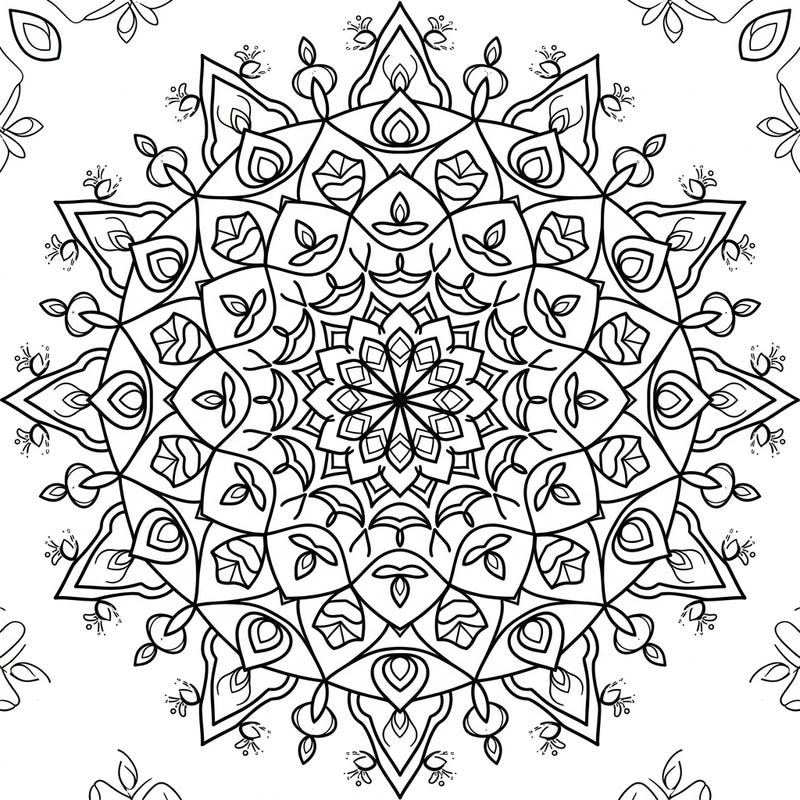 Immerse yourself in the festive spirit of Diwali with this stunning mist-inspired mandala coloring page. Discover intricate patterns of diyas, rangoli, and fireworks, inviting you to create a vibrant masterpiece.