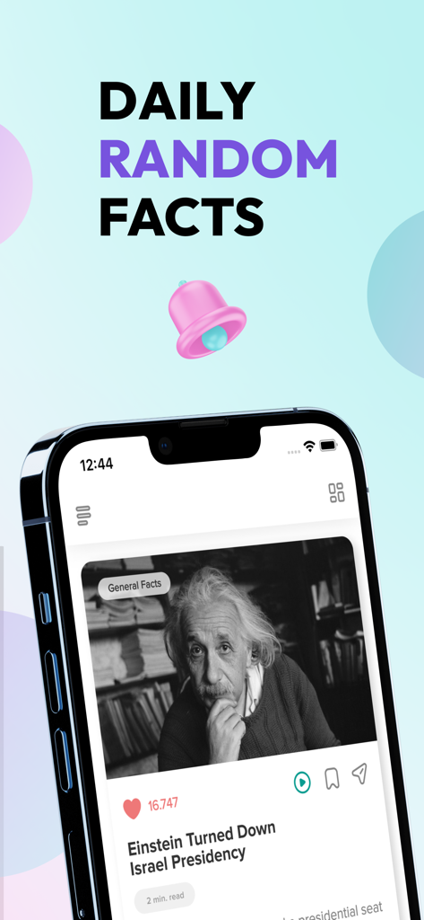 Daily Fun Facts: Did You Know? - Mobile app interface for Daily Random Facts featuring a trivia post about Albert Einstein