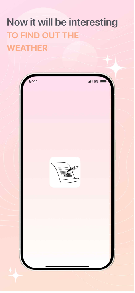 Weather & Poetry Widget - Pantalla de inicio de la aplicación Weather and Poetry Widget con un icono de pluma y pergamino sobre un fondo estético rosa