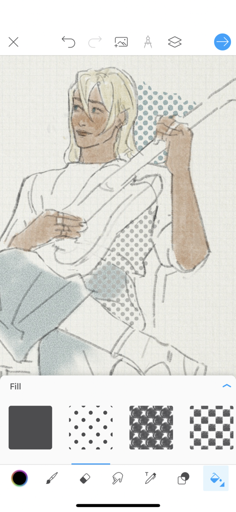 Ilustración de personaje utilizando herramientas de relleno de patrones en la aplicación Picsart Color