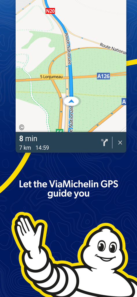 ViaMichelin GPS navigation app interface featuring the Michelin Man character and a road map
