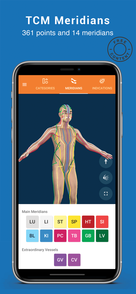 Modèle de corps humain en 3D montrant les méridiens de médecine traditionnelle chinoise et les points d'acupuncture dans l'application Tsubook