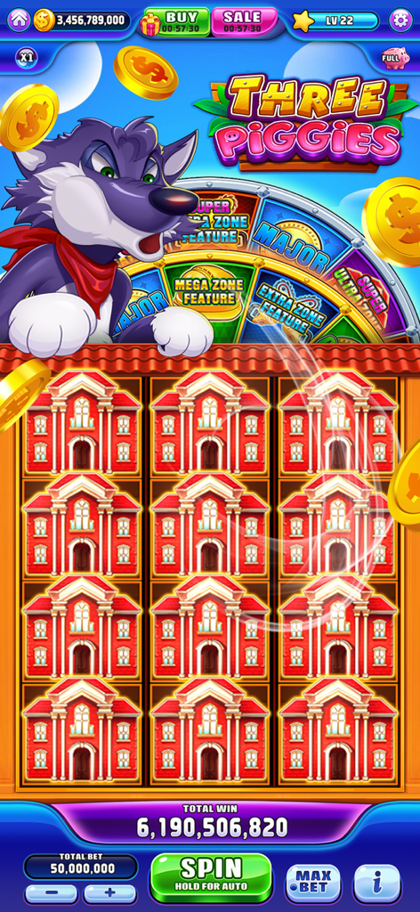 Dragon Jackpot Slots Casino - A massive jackpot win on the Three Piggies themed slot machine featuring a cartoon wolf and brick houses.
