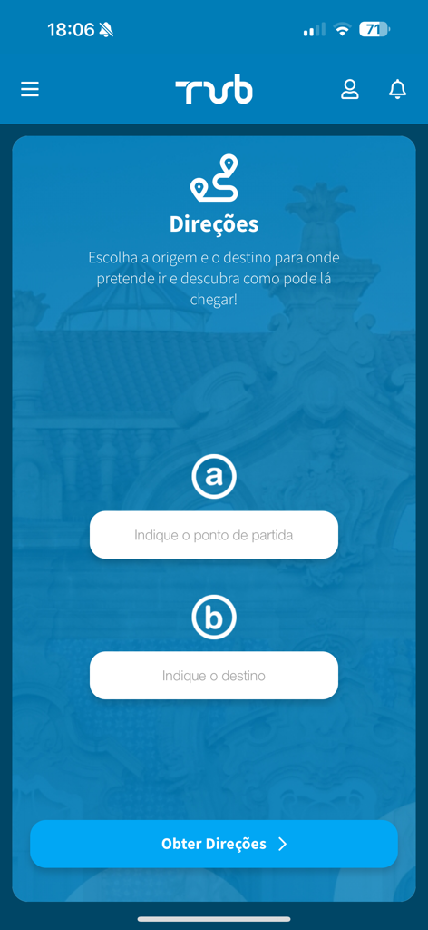 TUB App - Écran de planification d'itinéraire de l'application TUB pour les itinéraires de bus à Braga avec des champs d'origine et de destination