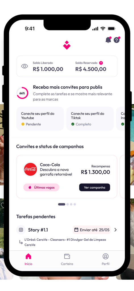 Interfaz de la aplicación móvil BrandLovers mostrando los ingresos del creador y las invitaciones a campañas de marca activas.