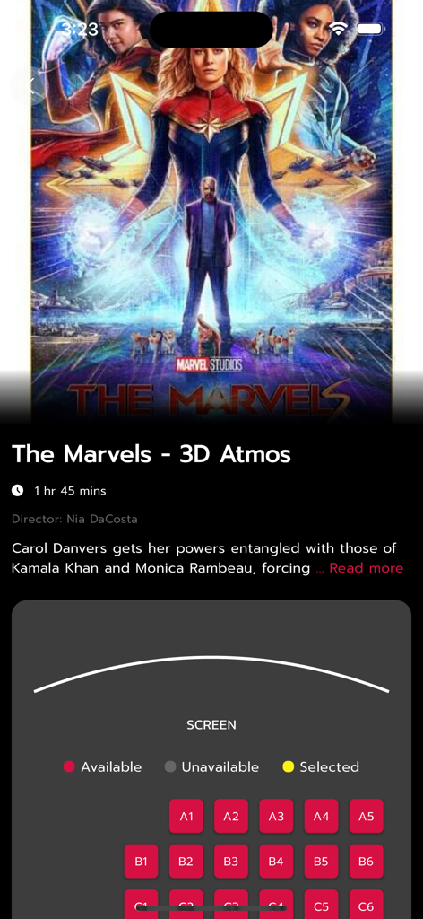 Century Cinemax - Interface do aplicativo Century Cinemax exibindo detalhes do filme para The Marvels e um mapa interativo de assentos do cinema para reservar ingressos
