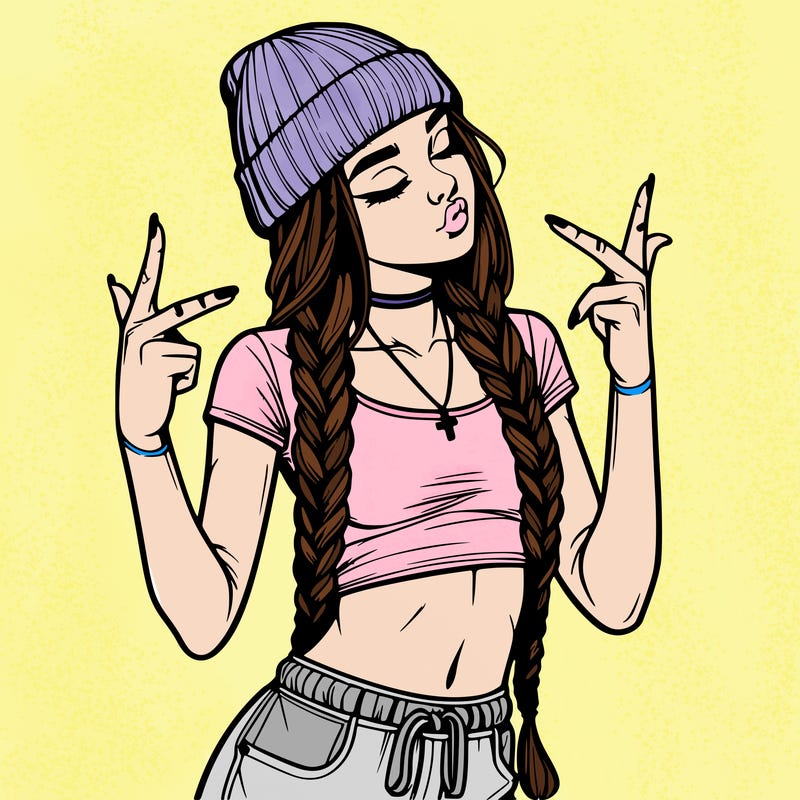 realistic teenage girl with braids and a beanie and crop top doing 🫶🏼