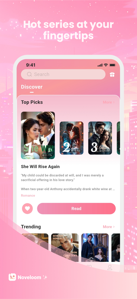 Noveloom app interface showing trending romance and werewolf webnovels