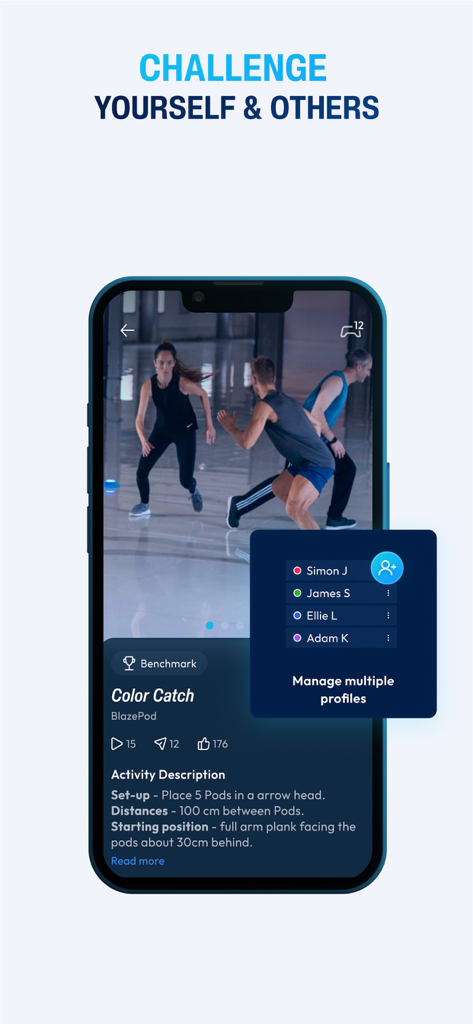 BlazePod - BlazePod app screen showing the Color Catch training activity and the option to manage multiple user profiles.