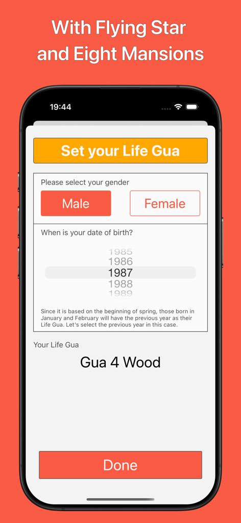 Interface for calculating Life Gua in the Flying Star Feng Shui Chart app by entering gender and birth year