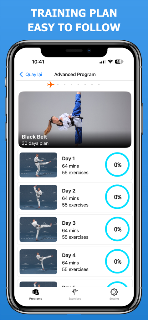 A mobile screen showing a thirty day advanced black belt training program with daily workout modules